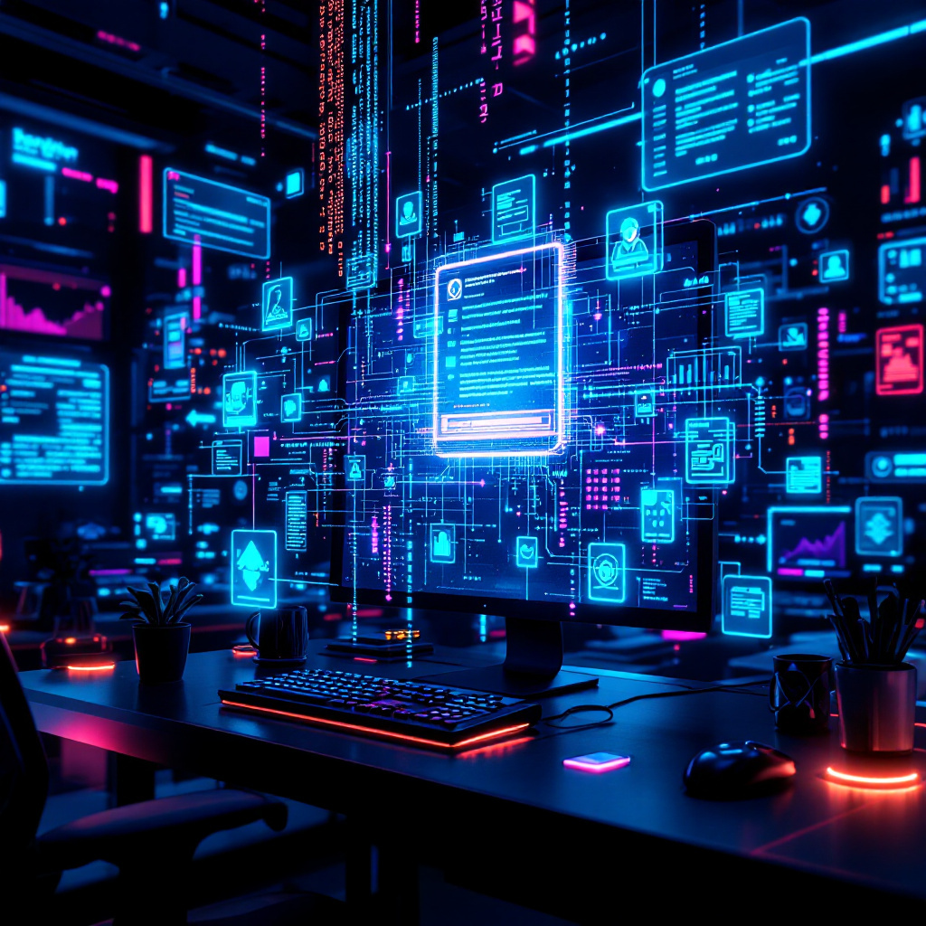 Glowing holographic documents and data streams representing the AI guides and playbook on this website