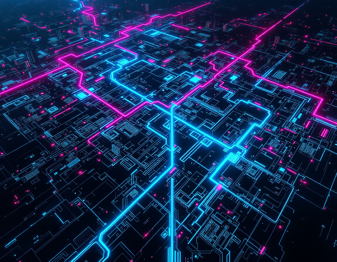 Neon cyberpunk city map drawn in glowing circuit lines — the structure of the MICKAEL A. website